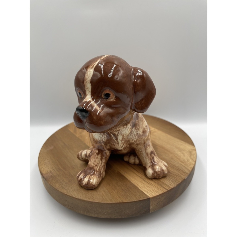 Brown Ceramic Dog Puppy Figurine Glossy Finish Hand Painted Red Black White 5.5"